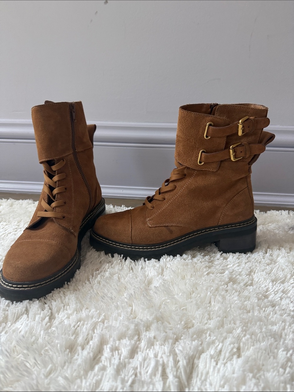 See by Chloe Tan Suede Combat Boots with Buckle Detail